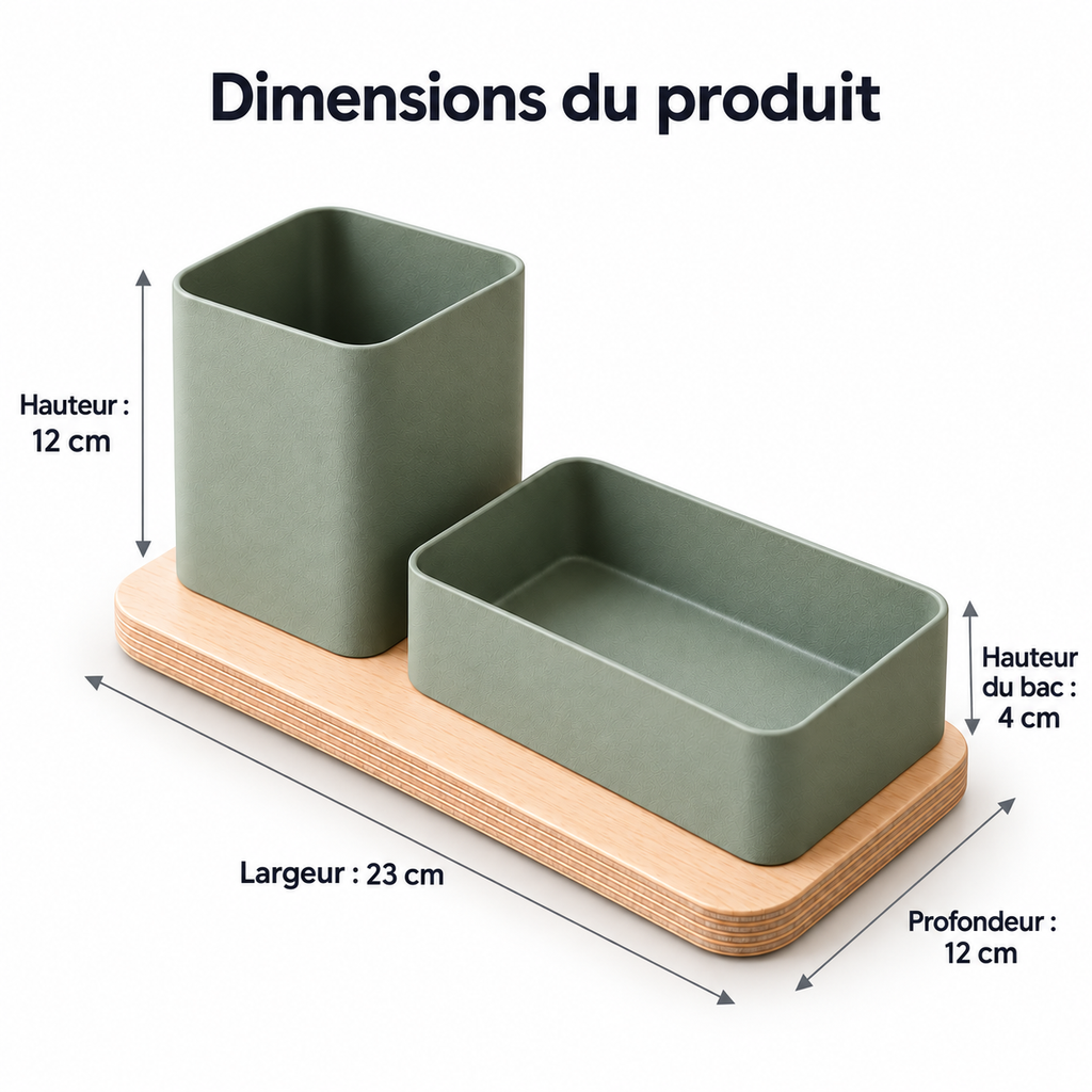 Organiseur de bureau à deux compartiments décalés, bois et métal sauge