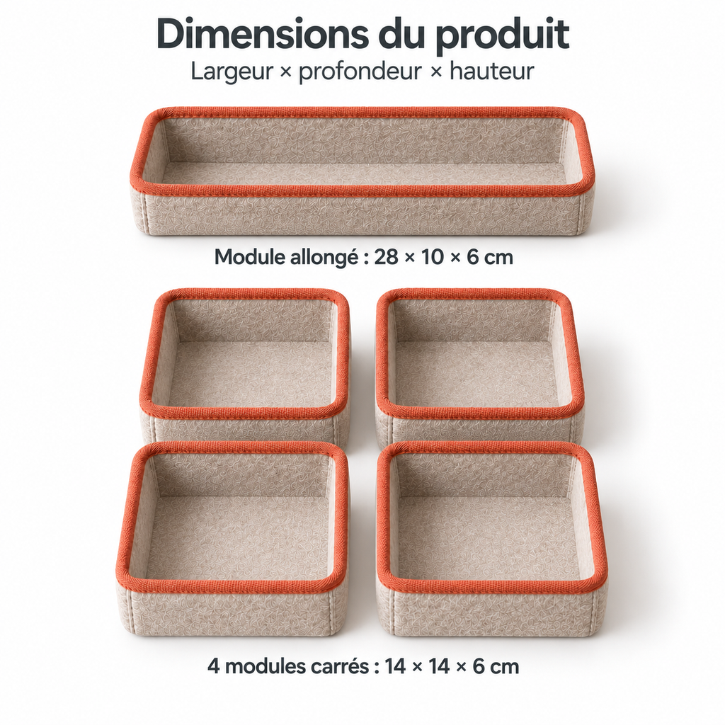 Lot de 5 organisateurs de tiroir en feutre, beige à bordure terracotta
