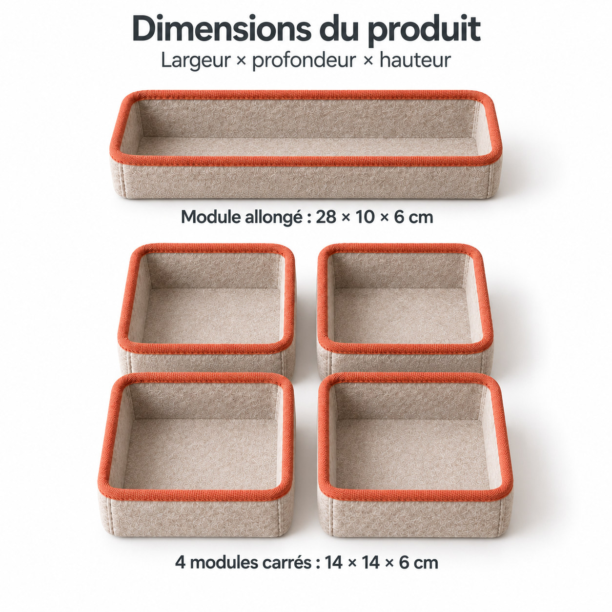 Lot de 5 organisateurs de tiroir en feutre, beige à bordure terracotta