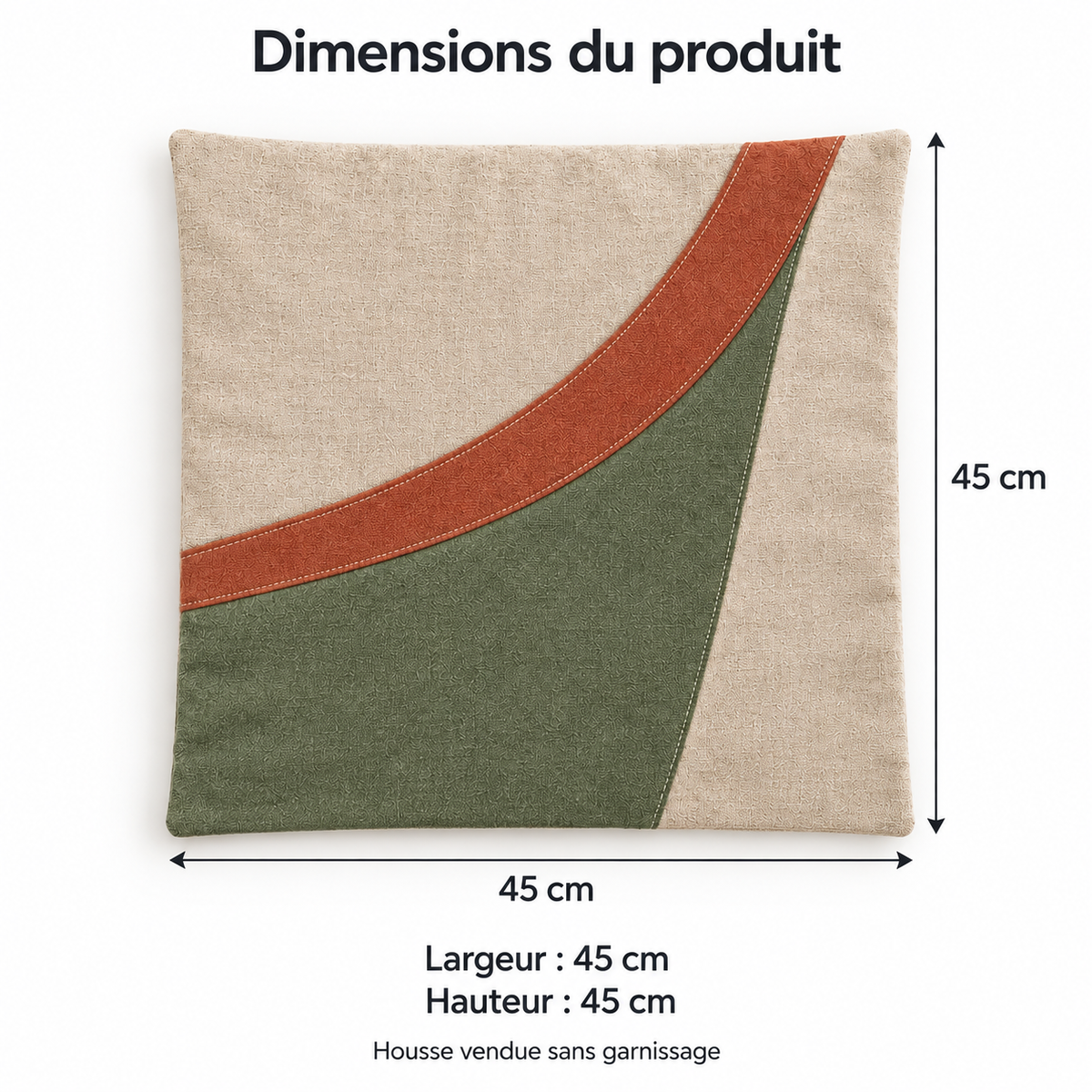Housse de coussin à empiècement courbe, beige, sauge et terracotta — 45 × 45 cm