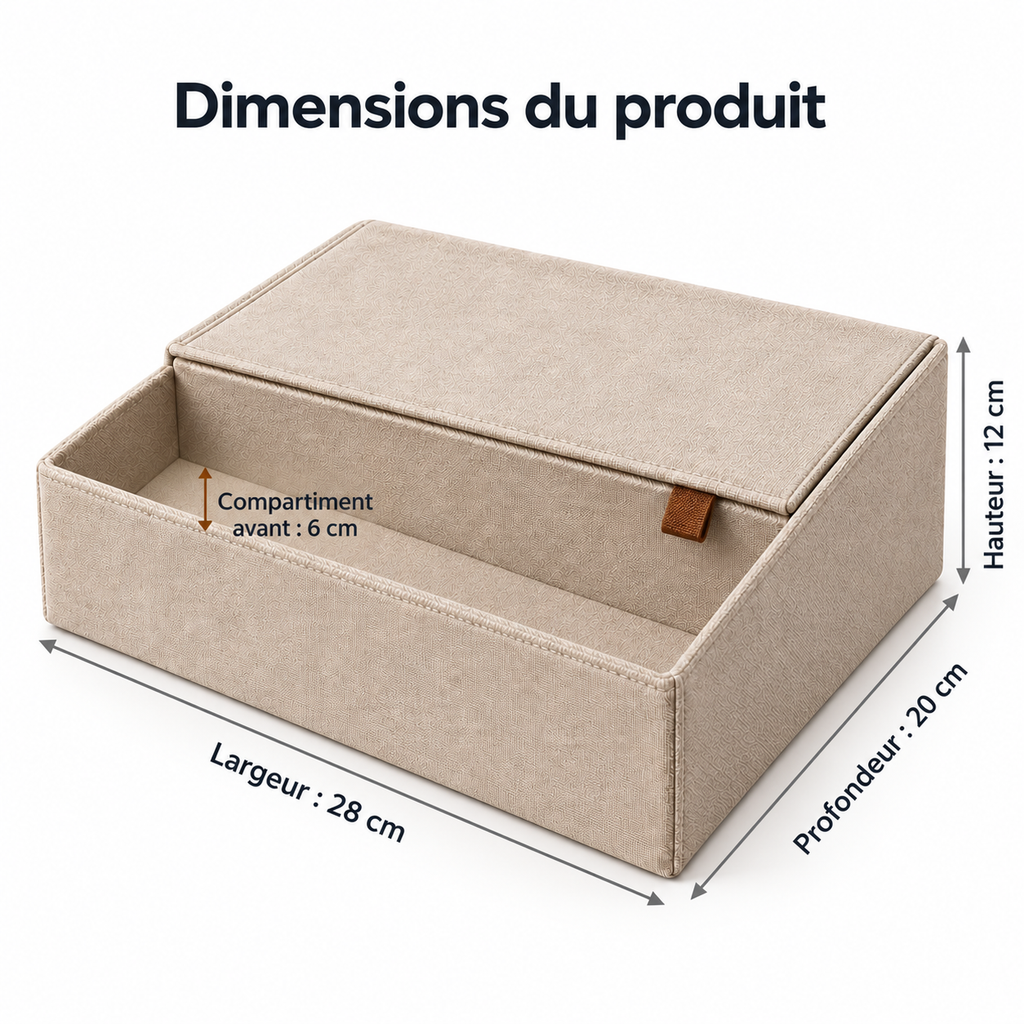 Boîte de rangement à couvercle partiel et compartiment ouvert, sable — 28 × 20 × 12 cm