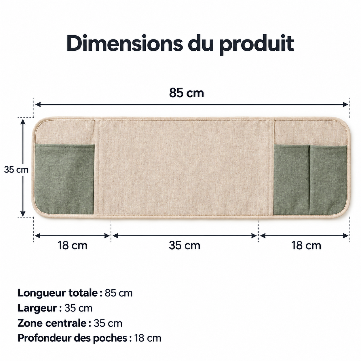 Rangement textile à poser sur accoudoir, trois poches, beige et sauge — 85 × 35 cm