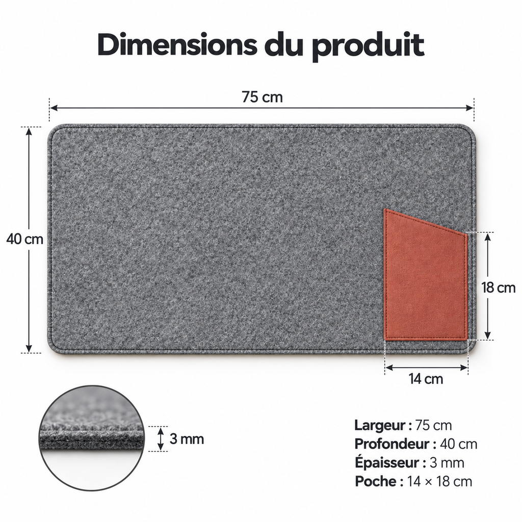 Sous-main en feutre avec poche latérale oblique, gris et terracotta — 75 × 40 cm